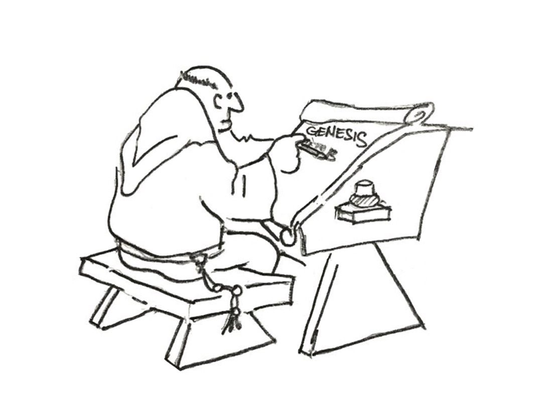 An ancient scribe carefully writing the book of Genesis by hand
