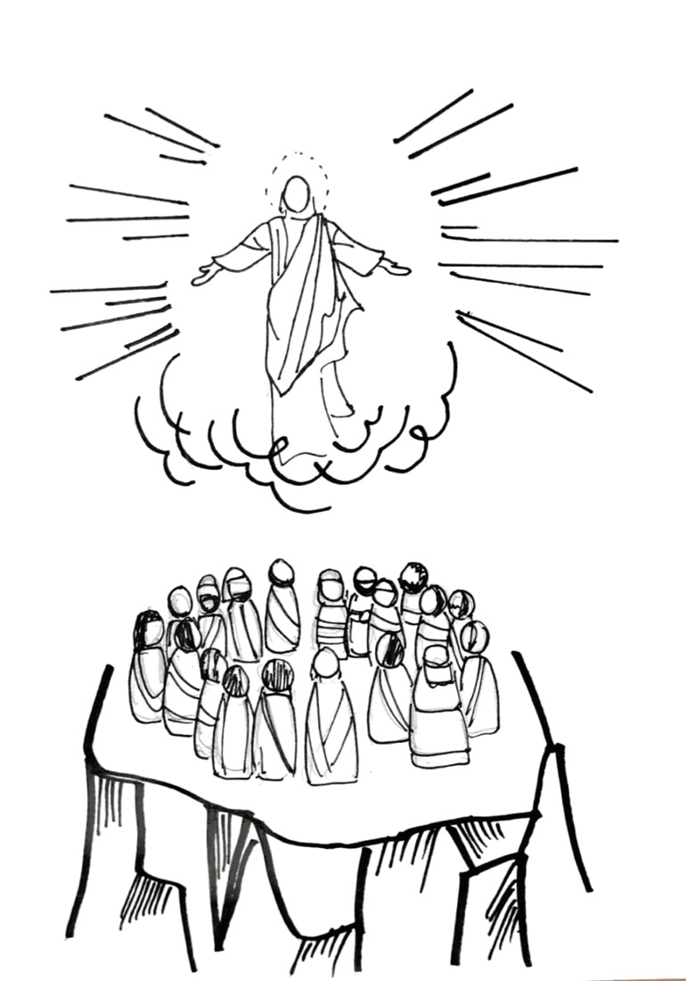 Jesus ascending in glory above his disciples gathered around a table