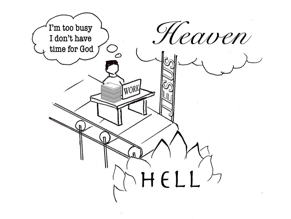 A man too busy with work to notice the way to Heaven, heading instead toward Hell on a conveyor belt