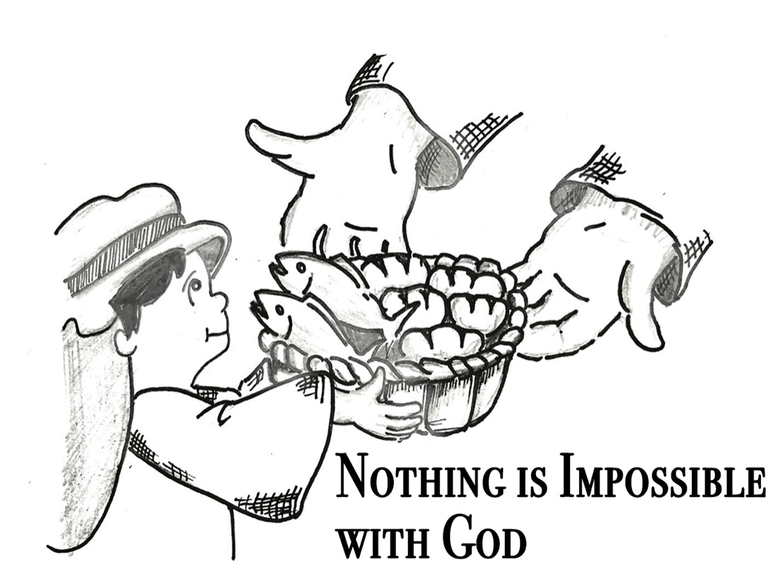 Hands offering loaves and fish, with the caption 'Nothing is impossible with God'