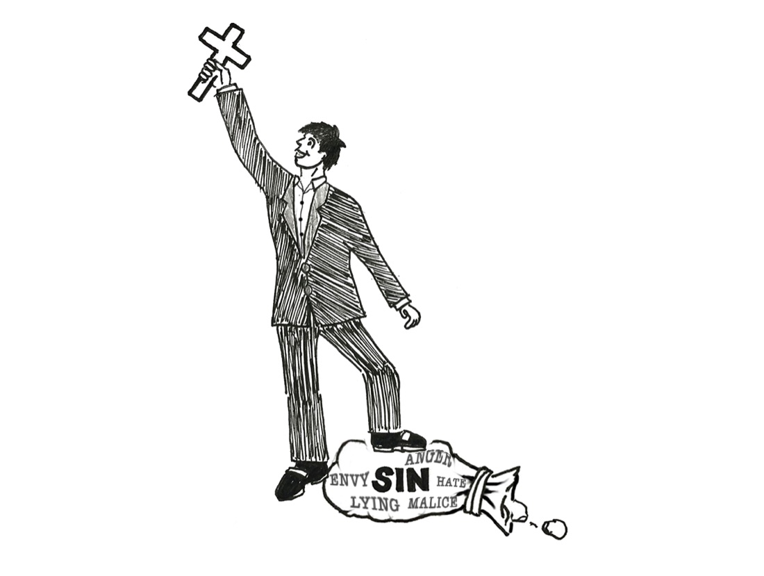A man triumphantly raising a cross above a bundle labelled SIN, envy, anger and hate