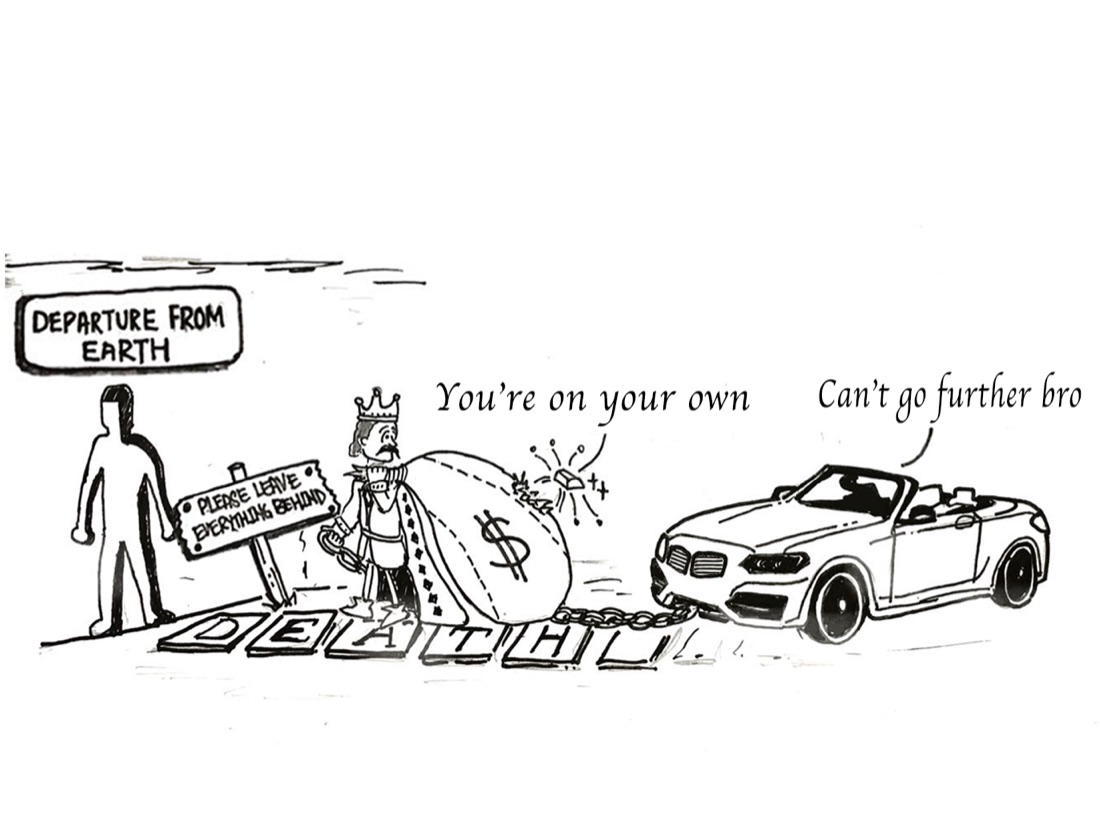 A man at the 'departure from Earth' gate, forced to leave behind his wealth and possessions